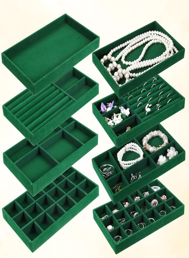 Dimeho Set of 8 Stackable Jewelry Trays Velvet Jewelry Organizer Display Case Storage Drawer Inserts Jewlery Container for Necklace Bracelet Rings Watch Earrings (Green) - Image 1