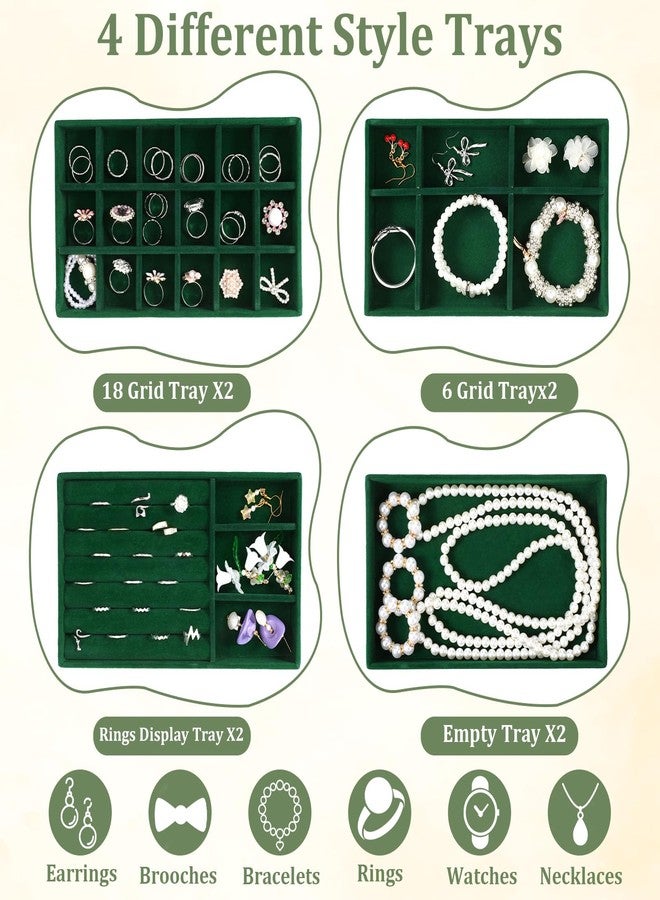Dimeho Set of 8 Stackable Jewelry Trays Velvet Jewelry Organizer Display Case Storage Drawer Inserts Jewlery Container for Necklace Bracelet Rings Watch Earrings (Green) - Image 4