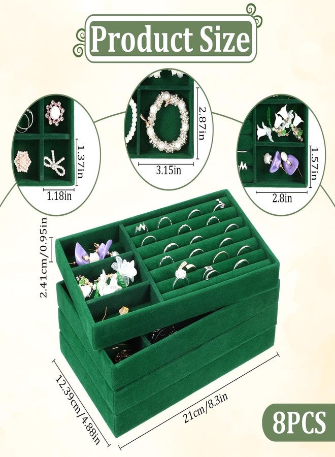 Dimeho Set of 8 Stackable Jewelry Trays Velvet Jewelry Organizer Display Case Storage Drawer Inserts Jewlery Container for Necklace Bracelet Rings Watch Earrings (Green) - Image 3