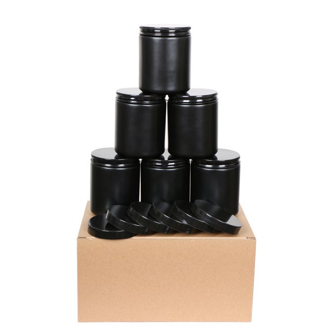 6 PACK 8OZ BLACK GLASS JARS AND PLASTIC METAL LIDS REFILLABLE THICK GLASS JARS FOR CANDLE STORAGE SPICE LIQUID POWDER 8OZ BLACK