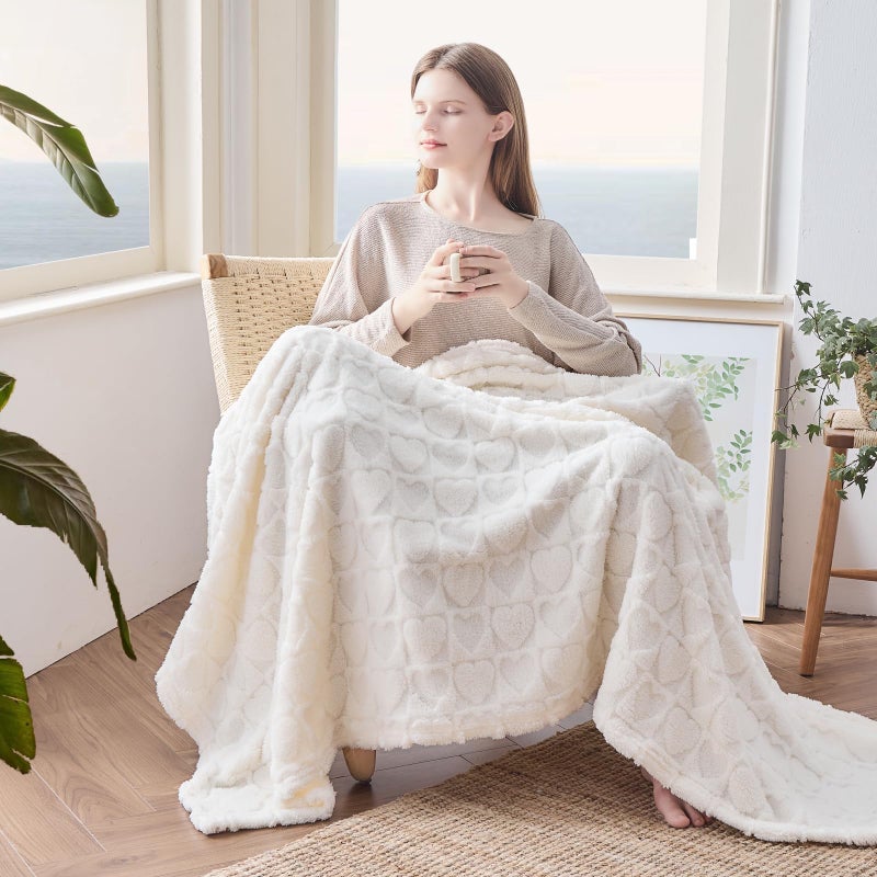 NEWCOSPLAY Super Soft Twin Blanket Off White Love Premium Silky Flannel Fleece 3D Heart Checkered Lightweight Bed Blanket All Season Use (Off White Love  Twin(60""x80"")) - Image 3