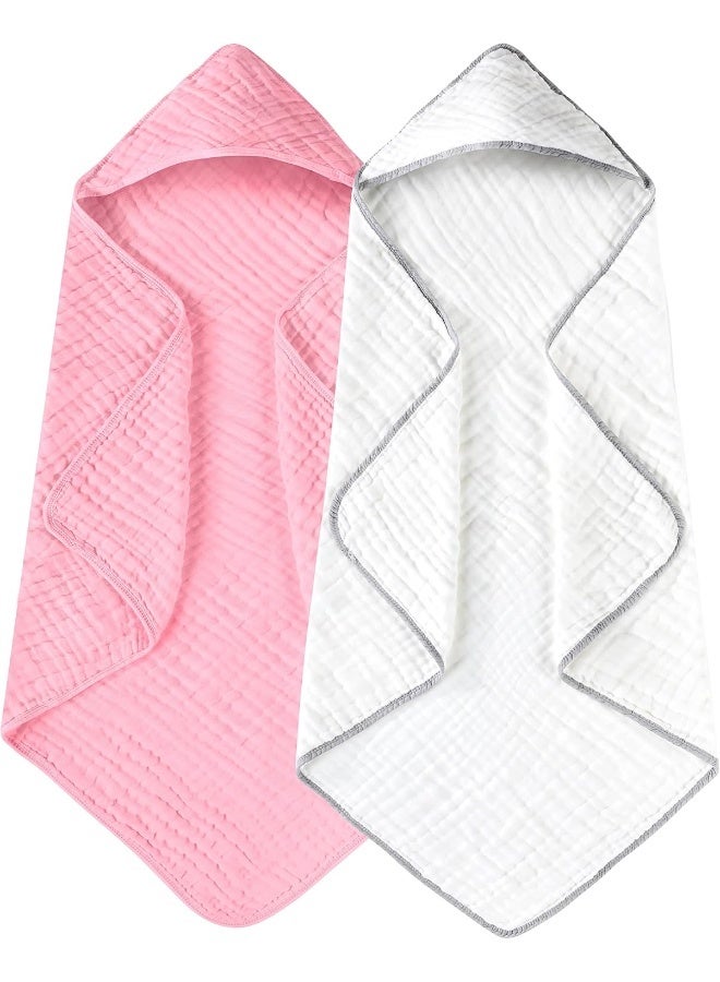 Yoofoss Hooded Baby Towels for Newborn 2 Pack 100% Muslin Organic Cotton Baby Bath Towel with Hood for Babies, Infant, Toddler and Kids, 32x32Inch, Soft and Absorbent Newborn Essential,White and Pink - Image 1