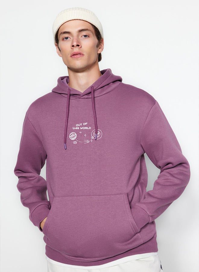 trendyol Lilac Regular/Normal Cut Space Embroidered Hooded Fleece/Warm Sweatshirt - Image 2
