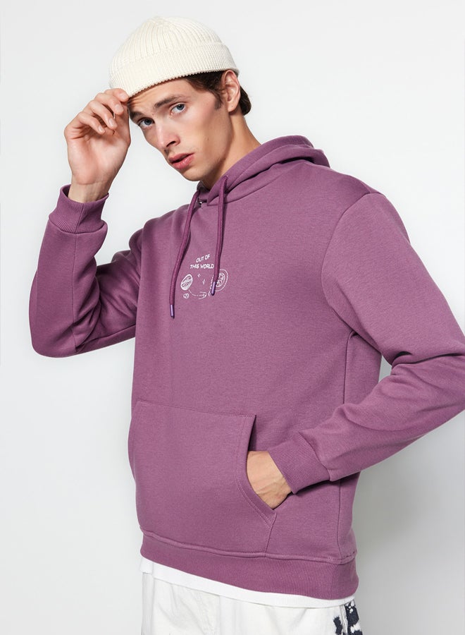 trendyol Lilac Regular/Normal Cut Space Embroidered Hooded Fleece/Warm Sweatshirt - Image 3