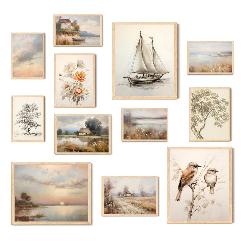Aroutde Vintage Wall Art Prints Spring French Country Wall Decor Countryside Landscape Painting Canvas Wall Art French Farmhouse Pictures for Bedroom Living Room Gallery Wall Art Set of 12 (Unframed) - Image 1