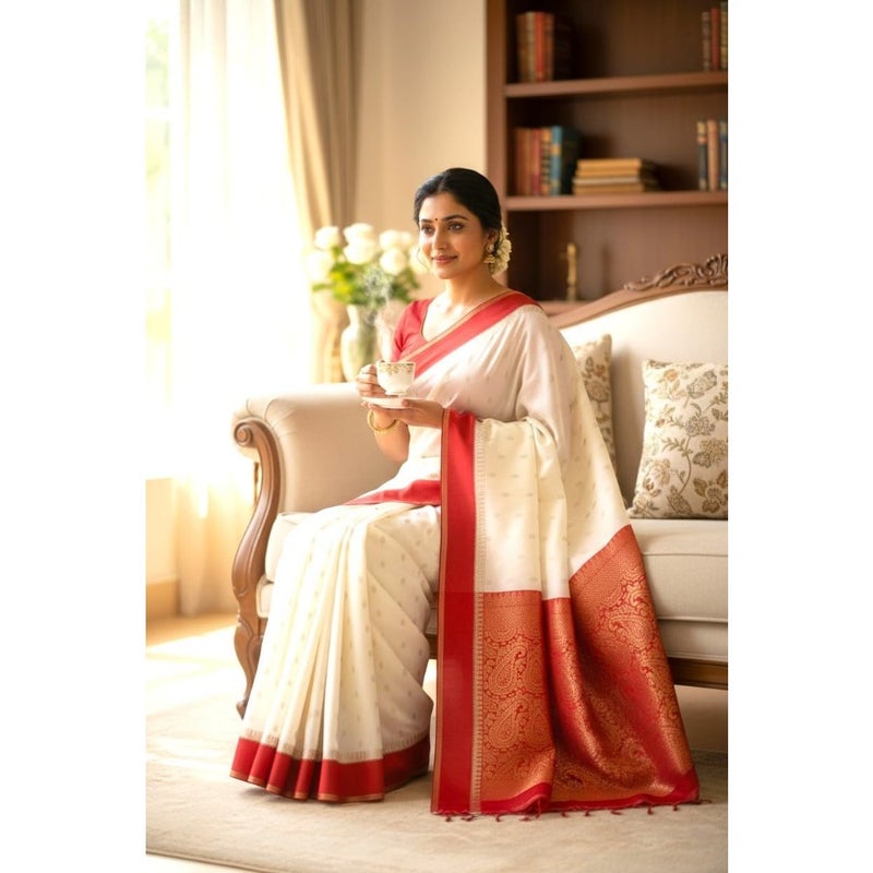 Traditional kanjeevram Saree for weddings and festivals, silk with zari border, beige and black with gold accents, luxurious texture and intricate craftsmanship - Image 4