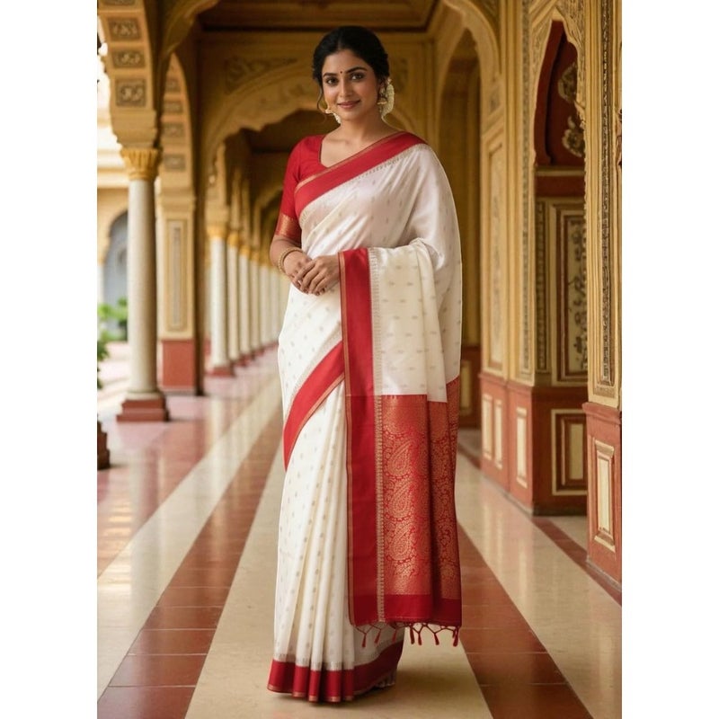 Traditional kanjeevram Saree for weddings and festivals, silk with zari border, beige and black with gold accents, luxurious texture and intricate craftsmanship - Image 5
