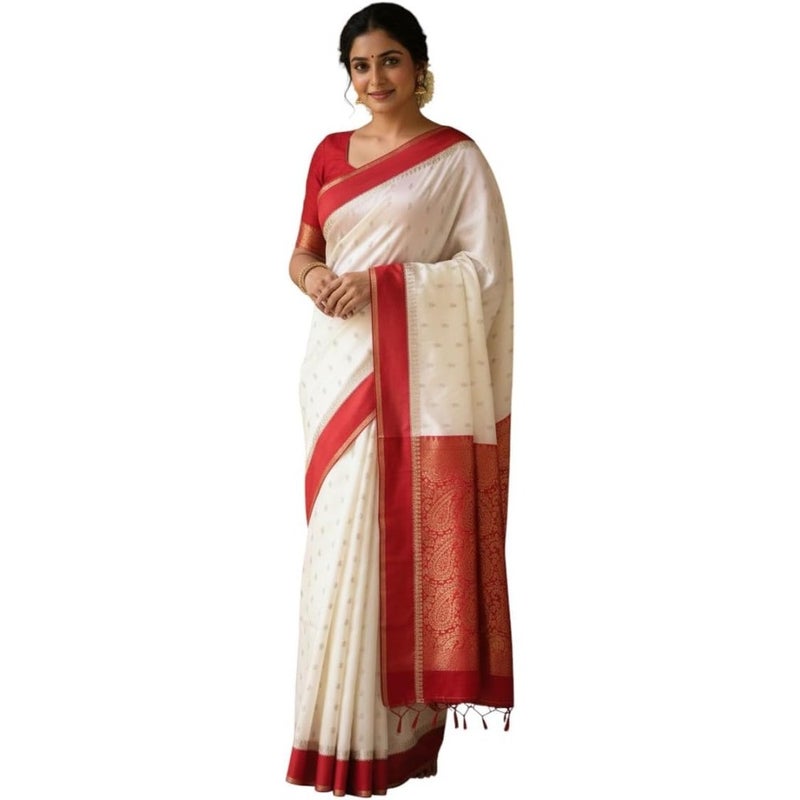 Traditional kanjeevram Saree for weddings and festivals, silk with zari border, beige and black with gold accents, luxurious texture and intricate craftsmanship - Image 1