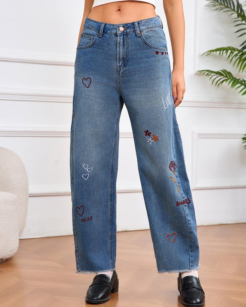 YEXPINE Women Valentines Day Pattern Embroidered Barrel Jeans Wide Leg Mid Rise Baggy Boyfriend Y2K Denim Pants with Pockets Blue - Image 5