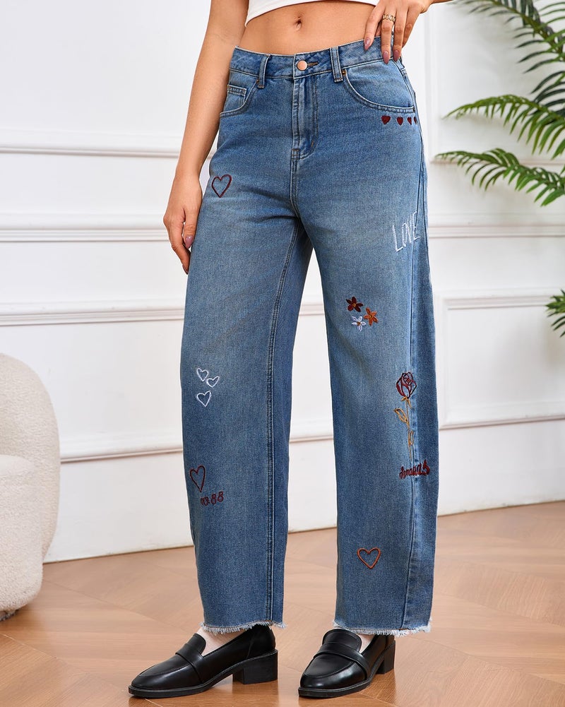 YEXPINE Women Valentines Day Pattern Embroidered Barrel Jeans Wide Leg Mid Rise Baggy Boyfriend Y2K Denim Pants with Pockets Blue - Image 4