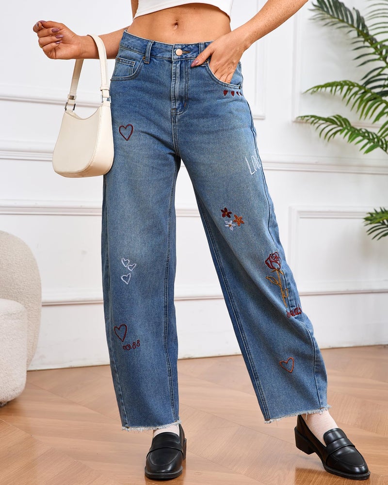 YEXPINE Women Valentines Day Pattern Embroidered Barrel Jeans Wide Leg Mid Rise Baggy Boyfriend Y2K Denim Pants with Pockets Blue - Image 3