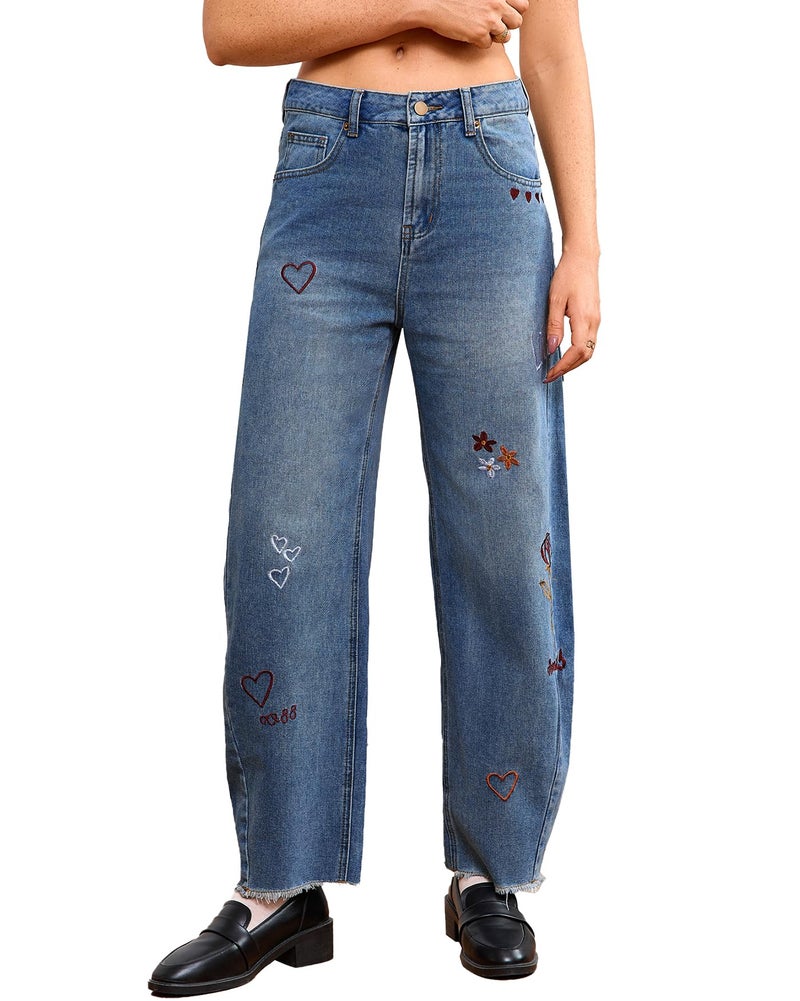 YEXPINE Women Valentines Day Pattern Embroidered Barrel Jeans Wide Leg Mid Rise Baggy Boyfriend Y2K Denim Pants with Pockets Blue - Image 1