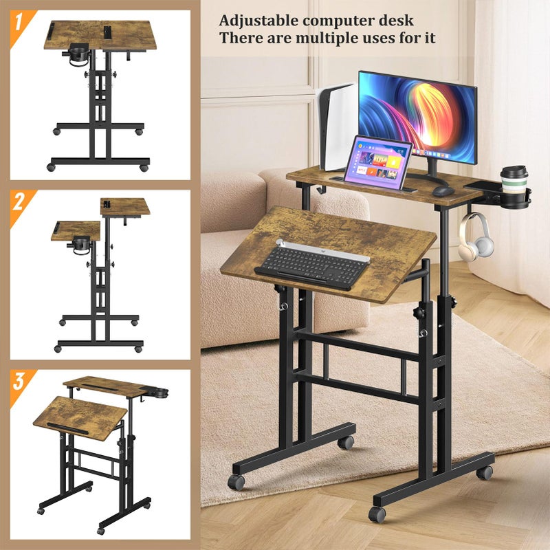 Enayplon Small Standing Desk with Wheels, Mobile Stand Up Desk, Portable Standing Table on Wheels for Walking Pad, Rolling Computer Desk Adjustable Height, Tall Table - Image 2