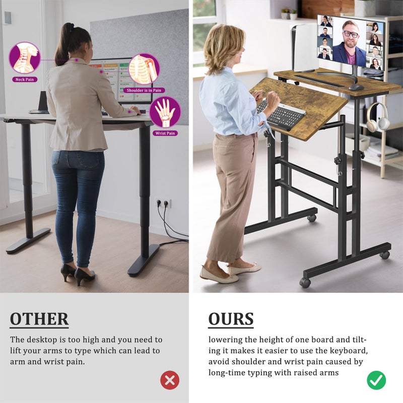 Enayplon Small Standing Desk with Wheels, Mobile Stand Up Desk, Portable Standing Table on Wheels for Walking Pad, Rolling Computer Desk Adjustable Height, Tall Table - Image 3