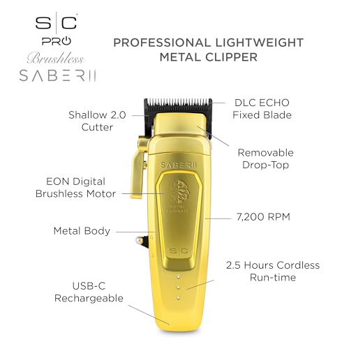 Stylecraft ماكينة حلاقة شعر احترافية Stylecraft Saber II بجسم معدني كامل ومحرك رقمي بدون فرش عالي العزم (ذهبي) - Image 2