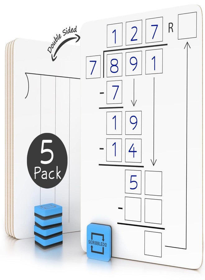 SCRIBBLEDO 5 Pack Dry Erase Division White Boards 9x12Inch Lapboard Double Sided Math Manipulatives Long Division Practice Lapboards for Kids Students, Classroom and Home 5 Whiteboard Erasers Included - Image 1