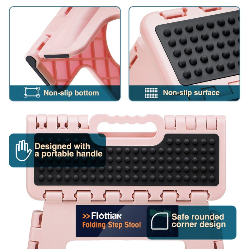 Flottian 11" Folding Step Stool for Adults and Kids Holds Up to 300 lbs,Non-Slip Folding Stools with Portable Handle, Compact Plastic Foldable Step Stool for Bathroom,Bedroom, Kitchen Sakura Pink - Image 4