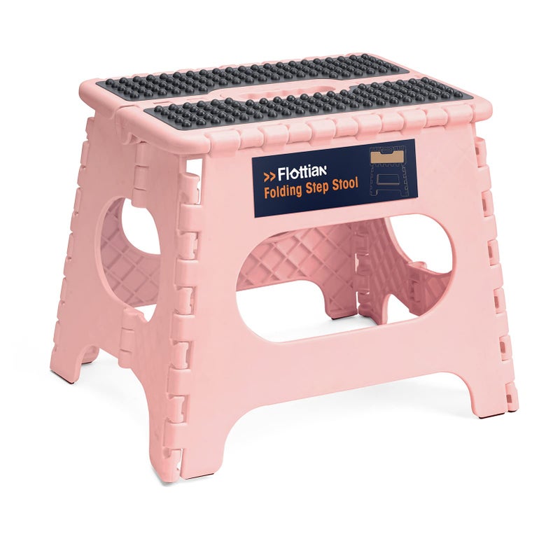 Flottian 11" Folding Step Stool for Adults and Kids Holds Up to 300 lbs,Non-Slip Folding Stools with Portable Handle, Compact Plastic Foldable Step Stool for Bathroom,Bedroom, Kitchen Sakura Pink - Image 1