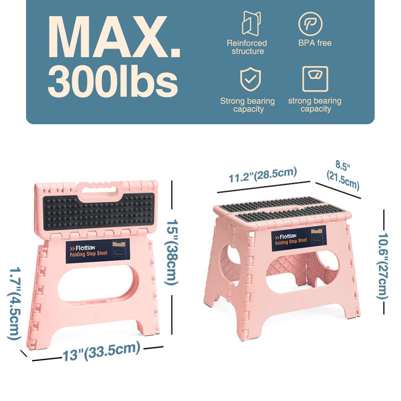 Flottian 11" Folding Step Stool for Adults and Kids Holds Up to 300 lbs,Non-Slip Folding Stools with Portable Handle, Compact Plastic Foldable Step Stool for Bathroom,Bedroom, Kitchen Sakura Pink - Image 2