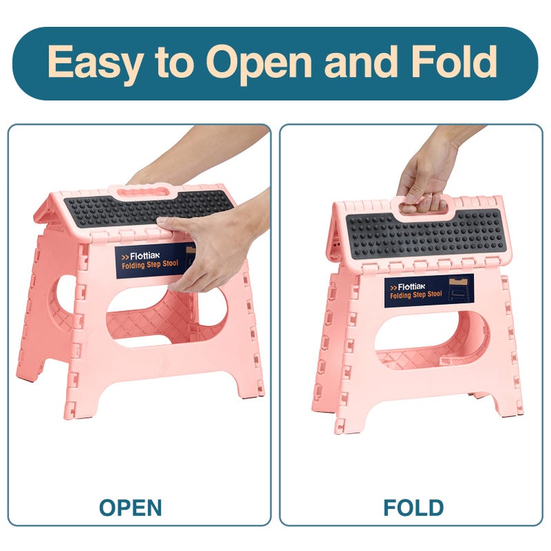 Flottian 11" Folding Step Stool for Adults and Kids Holds Up to 300 lbs,Non-Slip Folding Stools with Portable Handle, Compact Plastic Foldable Step Stool for Bathroom,Bedroom, Kitchen Sakura Pink - Image 3