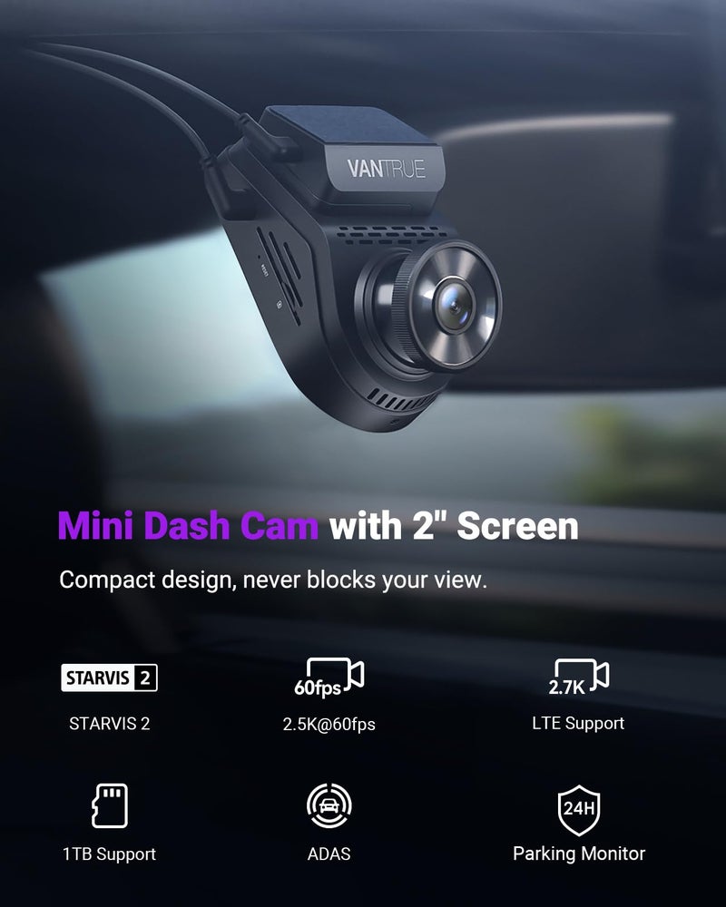 Vantrue S1 Pro Dash Cam Front STARVIS 2, 2.7K Mini Dash Camera for Cars, ADAS, App Control, Built-in WiFi GPS, G-Sensor, Loop Recording, Night Vision, 24H Parking Mode, 158Â°, 2" IPS, Support 1TB Max - Image 4