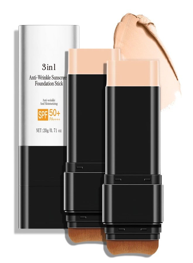 3 In 1-Luxury Anti-Wrinkle Foundation Stick SPF 50+ with Brush, 2 PCS Hydrating Non-Sticky Matte Foundation Stick, Travel Size Defense Face and Body Sunscreen Lotion, Medium Color, 1.42 Fl Oz - Image 1