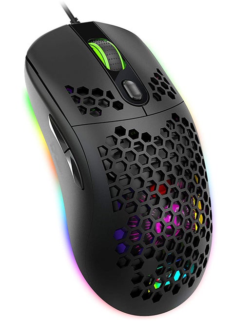 Rock Pow USB Wired Gaming Mouse Supports Macro Programming Honeycomb Light Macro Mouse with 7 Buttons RGB Backlight up to 8000 DPI Ergonomics is Suitable for Mac Laptop Accessories PC Black