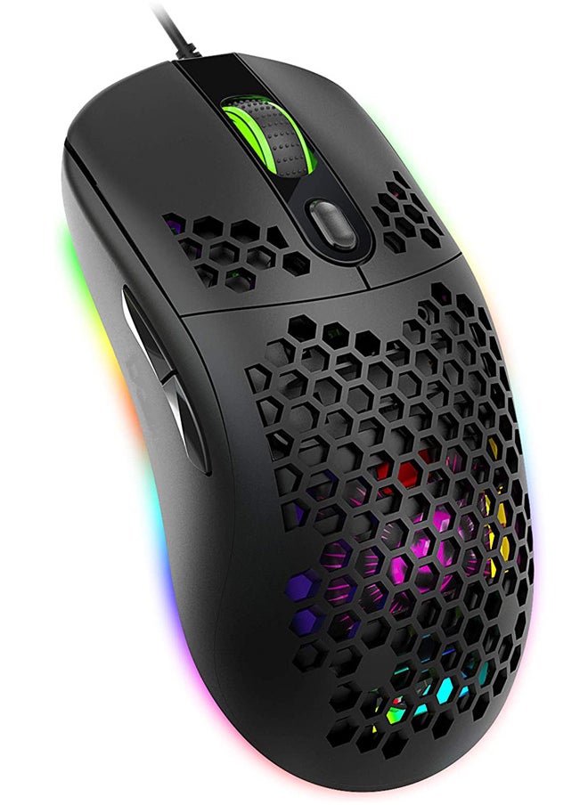 Rock Pow - Rock Pow USB Wired Gaming Mouse Supports Macro Programming Honeycomb Light Macro Mouse with 7 Buttons RGB Backlight up to 8000 DPI Ergonomics is Suitable for Mac Laptop Accessories PC Black - Image 1
