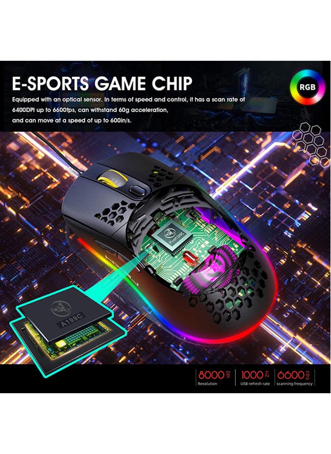 Rock Pow - Rock Pow USB Wired Gaming Mouse Supports Macro Programming Honeycomb Light Macro Mouse with 7 Buttons RGB Backlight up to 8000 DPI Ergonomics is Suitable for Mac Laptop Accessories PC Black - Image 1