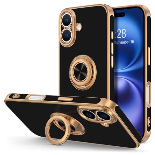 Hython for iPhone 16 Case with Ring Stand, 360° Rotatable Ring Holder Magnetic Kickstand, Plating Rose Gold Edge Soft Cover Protective Phone Case for iPhone 16 6.1", Black - Image 1