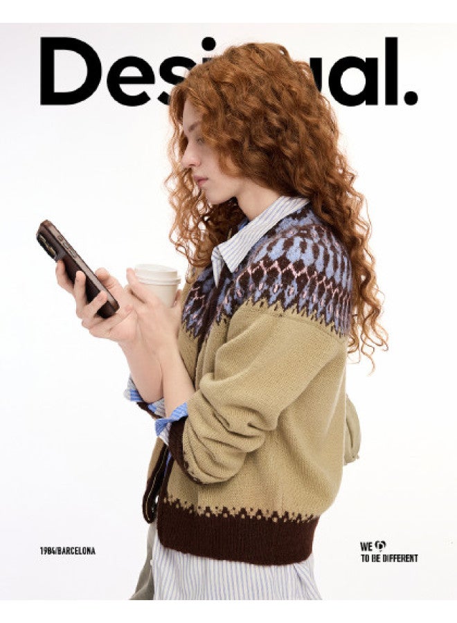 DESIGUAL كارديجان نسائي بتصميم فير آيل ذو ياقة عالية لفصل الخريف/الشتاء - Image 1