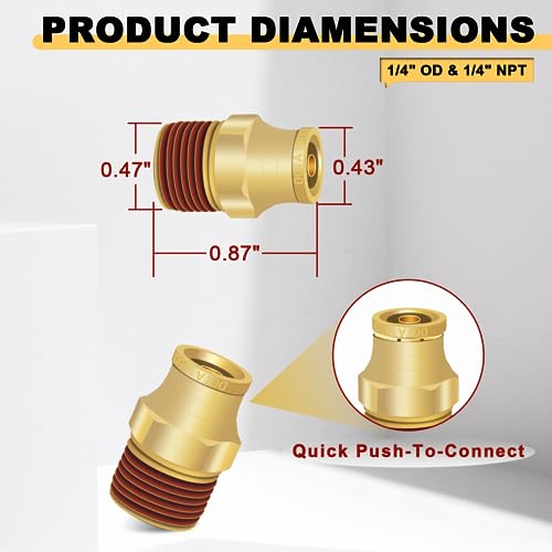 Siptenk 1/4" DOT Brass Push to Connect Air Line Fittings 5 PCS, 1/4" OD Tube x 1/4" NPT Thread Air Brake Line Quick Connect Fittings for Truck Trailers Industry Air System - Image 5
