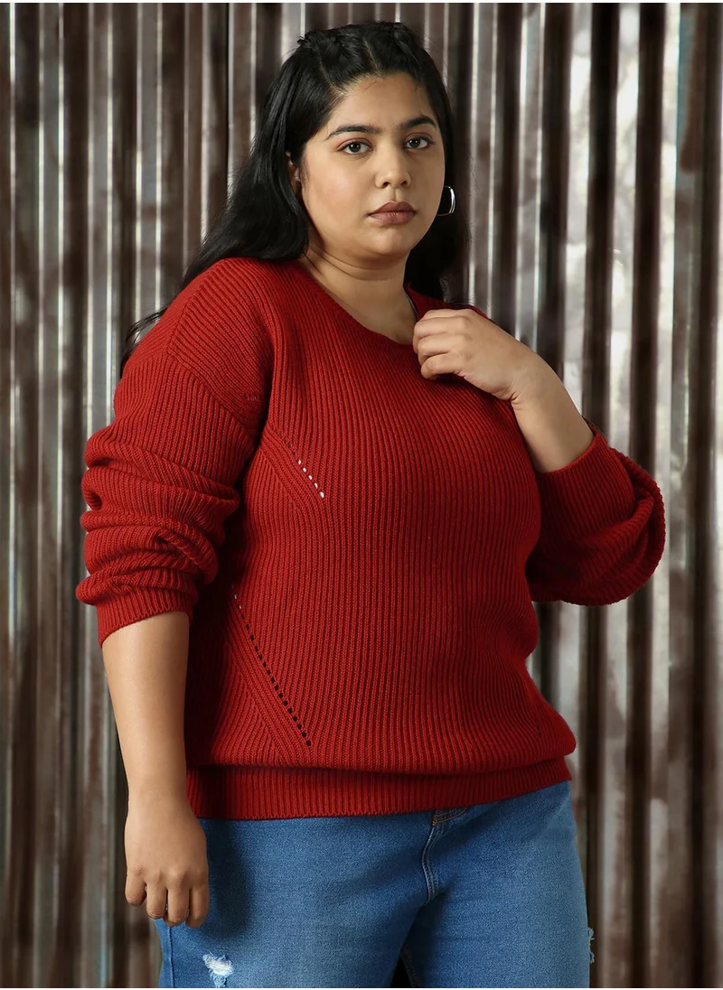 HIGH STAR Women's Red 100% Acrylic Solid Regular Fit Sweater