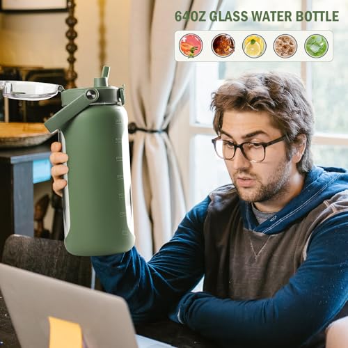 BLUEGO 64oz Glass Water Bottles with Straw Time Marker Half Gallon Large Motivational Water Bottle with Silicone Sleeve 2 Liter Large Glass Water Jug for Gym, Sports& Workout, Daily, 02 Olive - Image 5