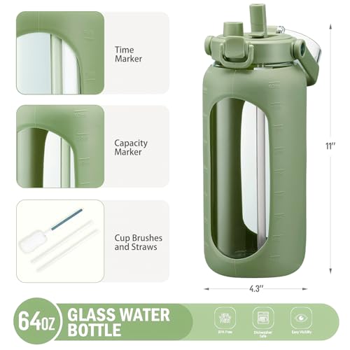 BLUEGO 64oz Glass Water Bottles with Straw Time Marker Half Gallon Large Motivational Water Bottle with Silicone Sleeve 2 Liter Large Glass Water Jug for Gym, Sports& Workout, Daily, 02 Olive - Image 4