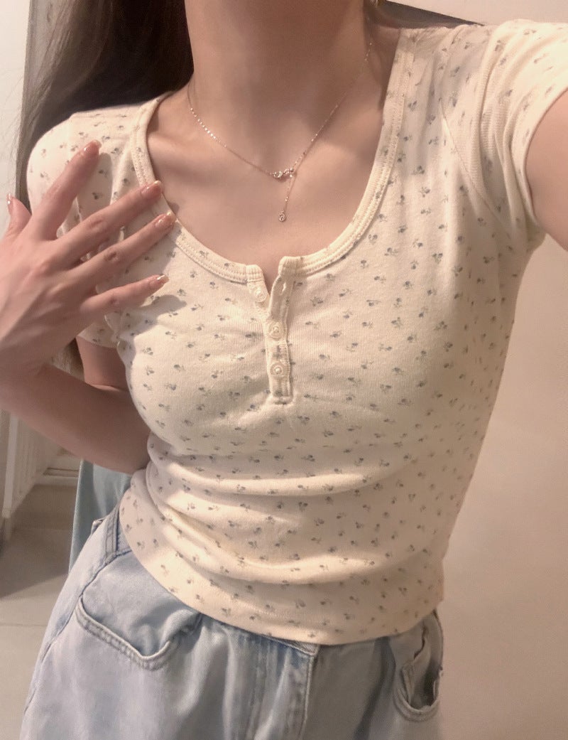 High-elastic Pit-striped Floral Short-sleeved Shoulder Short Top Women's Summer Slim-fit Design Sense Niche All-match T-shirt - Image 1