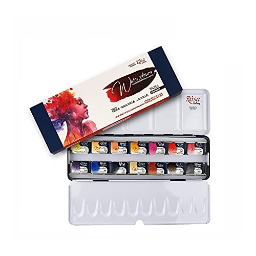 Rosa Gallery Watercolor Paint Set, 'Portrait' palette full pans 14 colors metal case, extra fine professional watercolours - Image 1