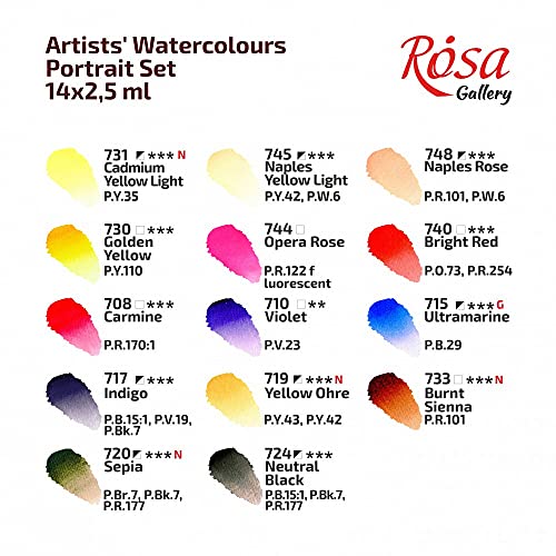 Rosa Gallery Watercolor Paint Set, 'Portrait' palette full pans 14 colors metal case, extra fine professional watercolours - Image 2