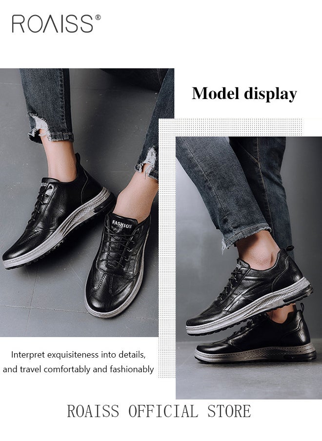 roaiss - Men's Casual Shoes, High Quality Oxford Comfort Genuine Leather Loafers Outdoor Flat Non-slip Sport Walking Shoes, Pair With Jeans Jacks Coat Colorblock Sneakers - Image 1