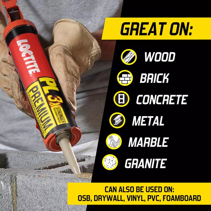 Loctite PL Premium Polyurethane Construction Adhesive, 10 fl oz Cartridge, 6 Pack - Versatile Construction Glue for Wood, Concrete, Stone, Metal & More - Image 3