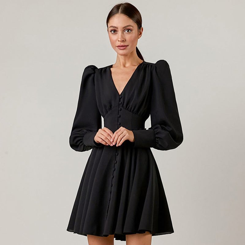2022 Autumn and Winter New Womens European and American Short Skirt Design Sense Shirt Dress French Dress Elegant Palace Dress Black - Image 1