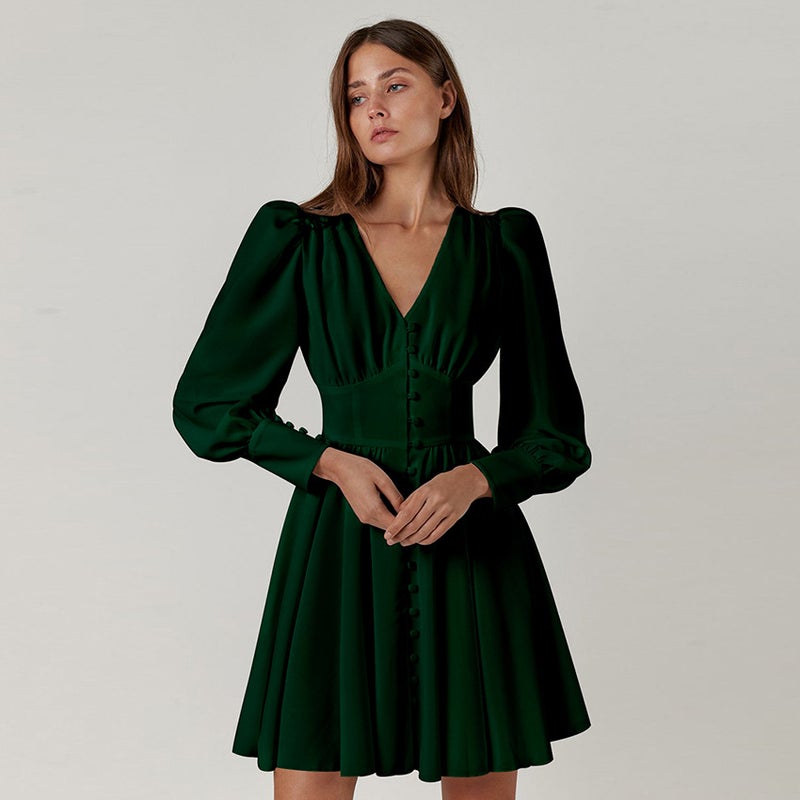 2022 Autumn and Winter New Womens European and American Short Skirt Design Sense Shirt Dress French Dress Elegant Palace Dress Black - Image 2