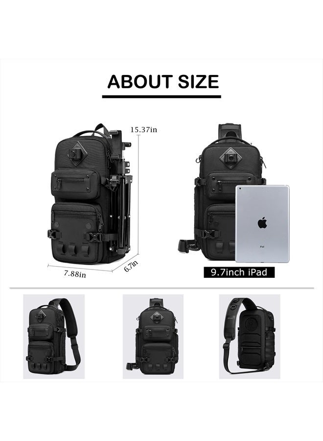 OZUKO Multipurpose Sling Bag for Men, Large Capacity Crossbody Shoulder Bag Waterproof Sling Chest Backpack with Tripod Holder Fit for Outdoor Travel Photography (Black) - Image 2