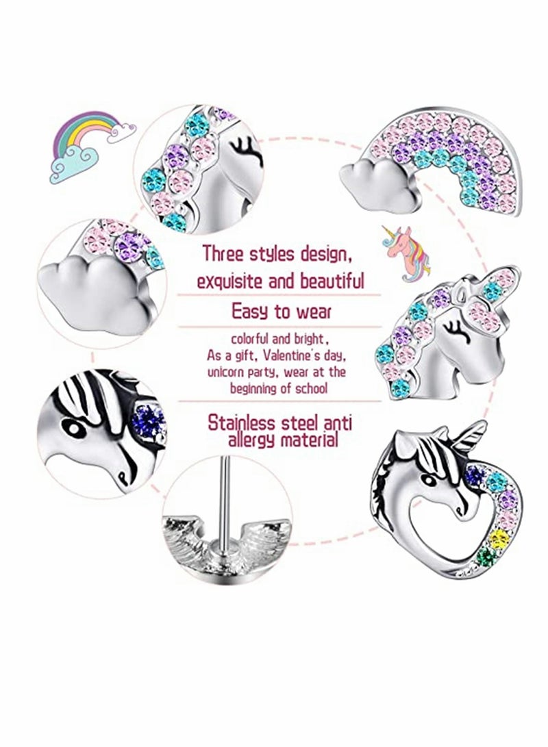 KASTWAVE Stud, Unicorn, Earrings for Little Girls, Glitter Crystal Unicorn Earrings, Unicorn Heart Rainbow Earrings Set, for Daughter Birthday Party Christmas Present, 3 Pairs - Image 3