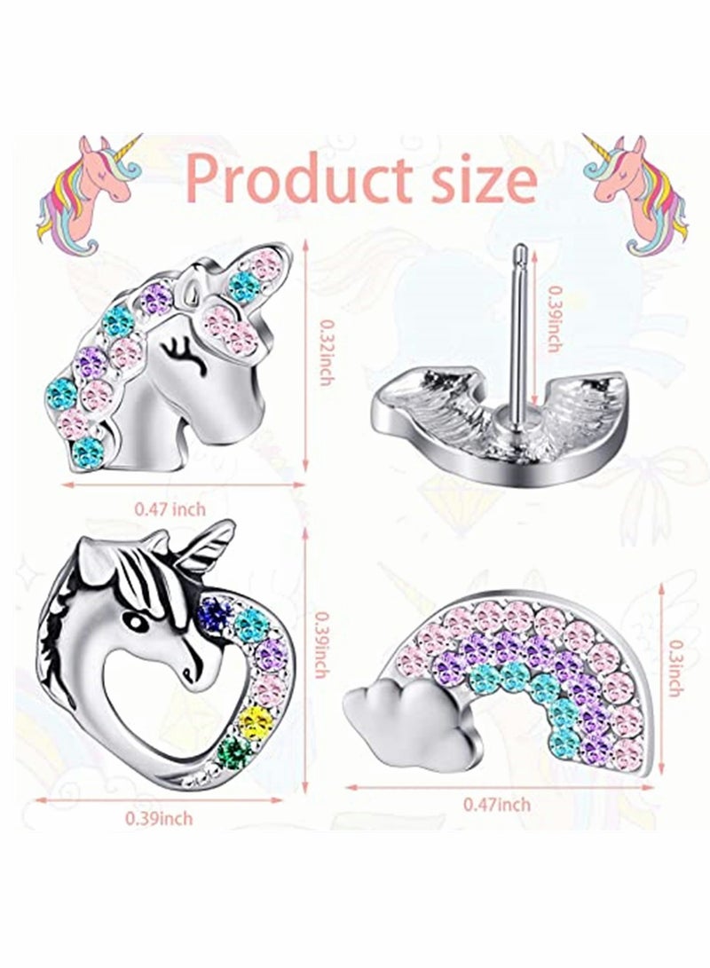 KASTWAVE Stud, Unicorn, Earrings for Little Girls, Glitter Crystal Unicorn Earrings, Unicorn Heart Rainbow Earrings Set, for Daughter Birthday Party Christmas Present, 3 Pairs - Image 2