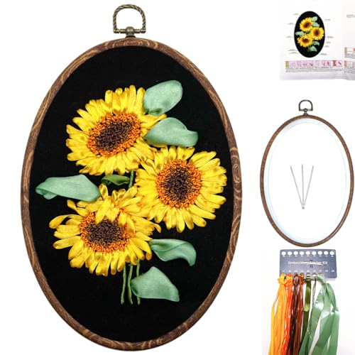 FONNUY Ribbon Embroidery 3D Flowers Pattern Design Kit Embroidery DIY Handwork Set Oval Home Decoration Sunflower - Image 1