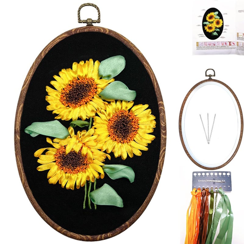 FONNUY Ribbon Embroidery 3D Flowers Pattern Design Kit Embroidery DIY Handwork Set Oval Home Decoration Sunflower - Image 3