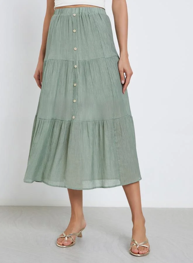 Take Two Take Two Khaki Button Detail Tiered Midi Skirt