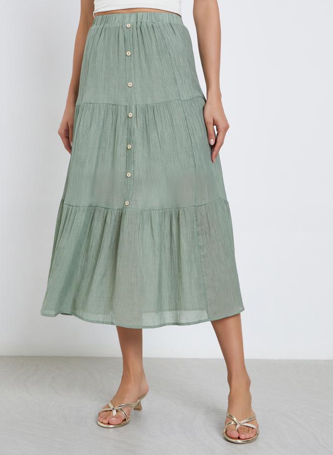 Take Two Khaki Button Detail Tiered Midi Skirt - Image 2