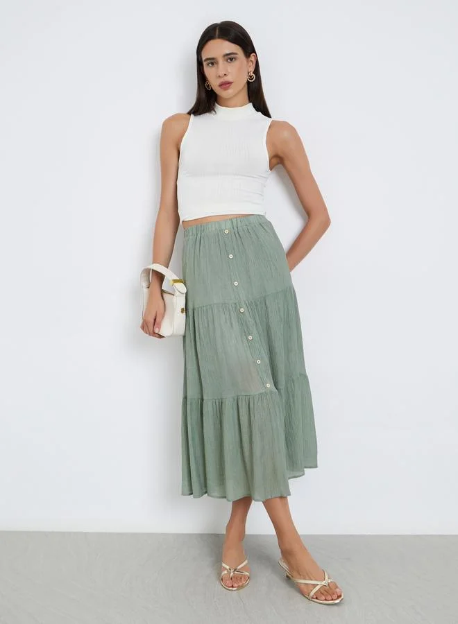 Take Two Take Two Khaki Button Detail Tiered Midi Skirt